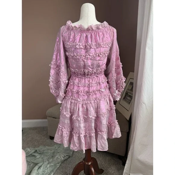 Cynthia Rowley Silk Foil Ruffle Dress Metallic Blush Fit & Flare Short S - Picture 3 of 7